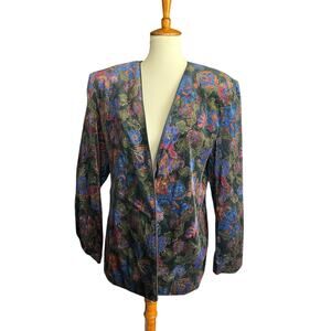 Tan Jay Nygard Floral Velvet Open Blazer Jacket Women Sz 14 Vintage